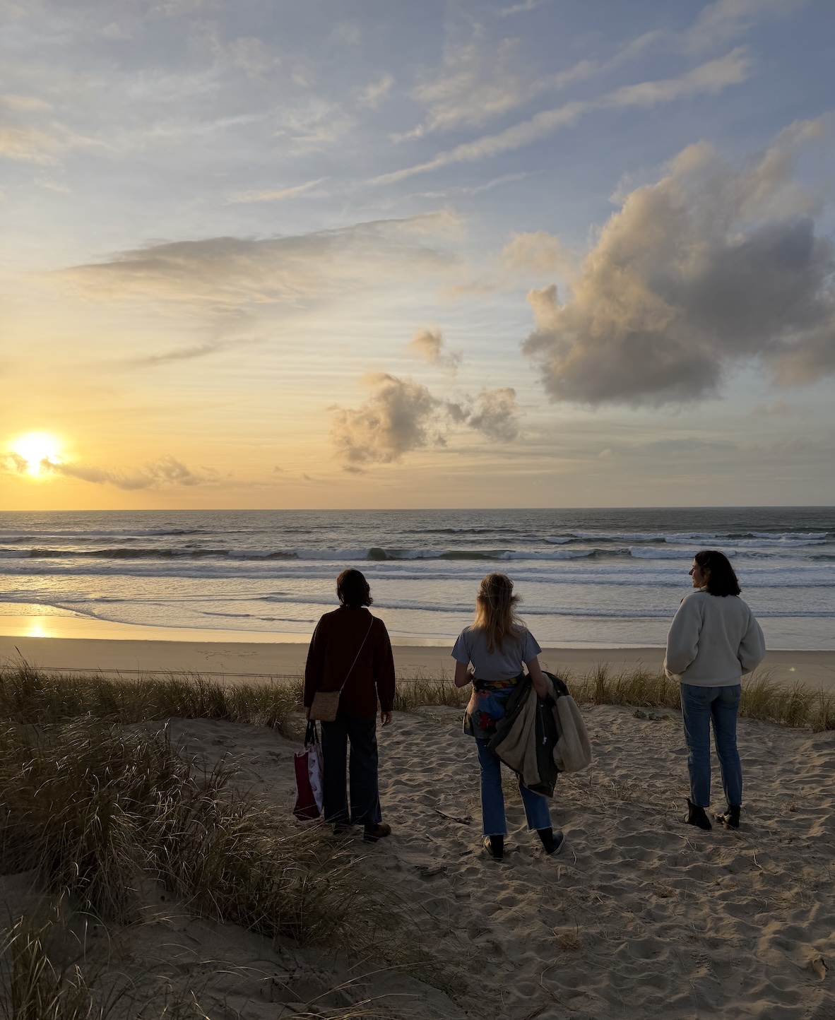 l'es cabanes ostréicoles serrées du village de L'Herbe au Cap Ferret'océan au coucher du soleil